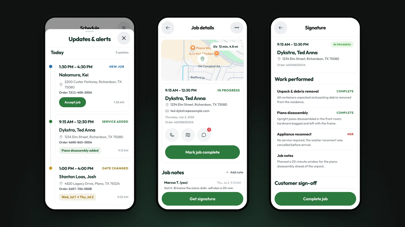 Three technician app screens: updates and alerts, job details, and the signature step
