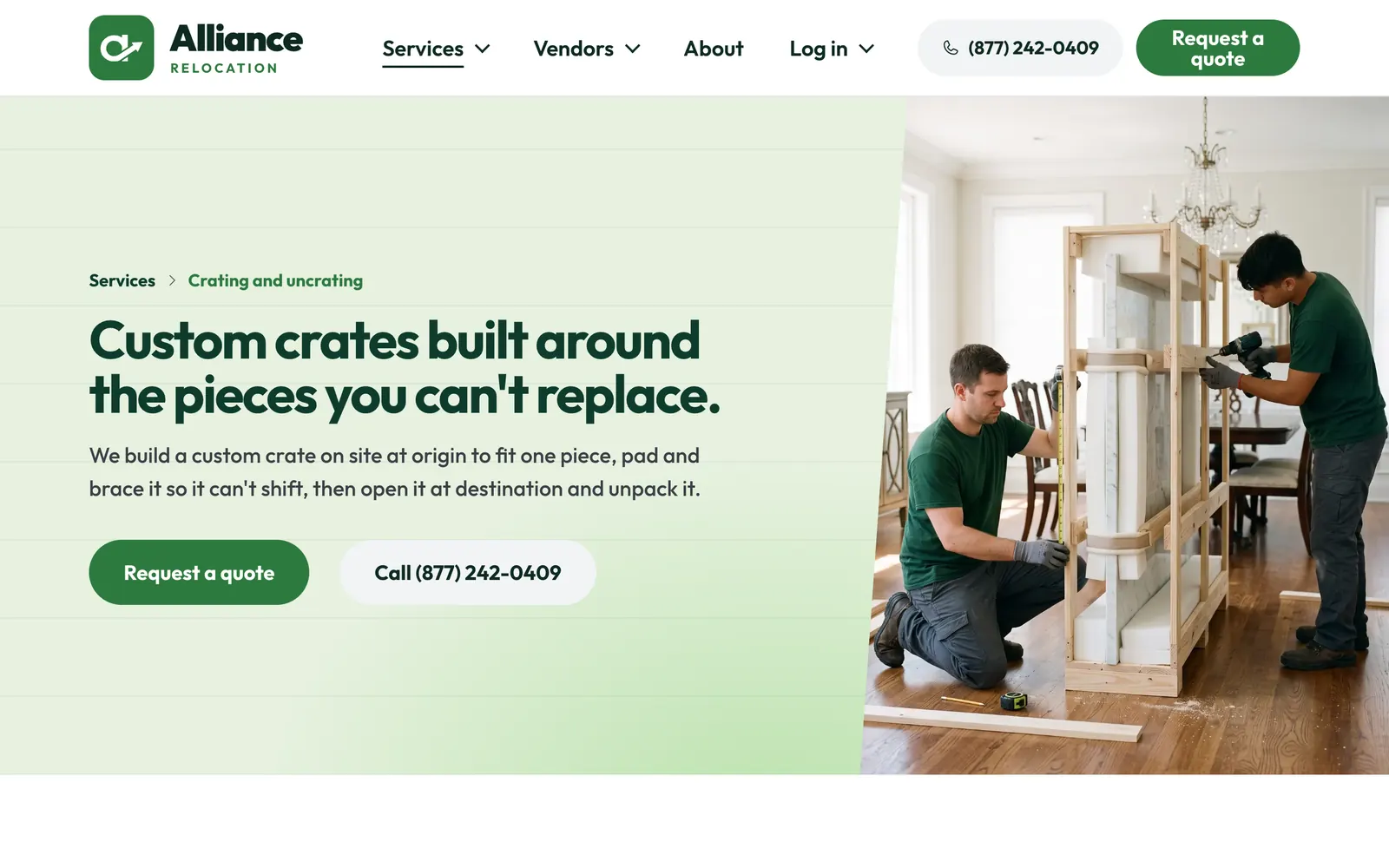 The custom crating service page, with a crate being built around a painting