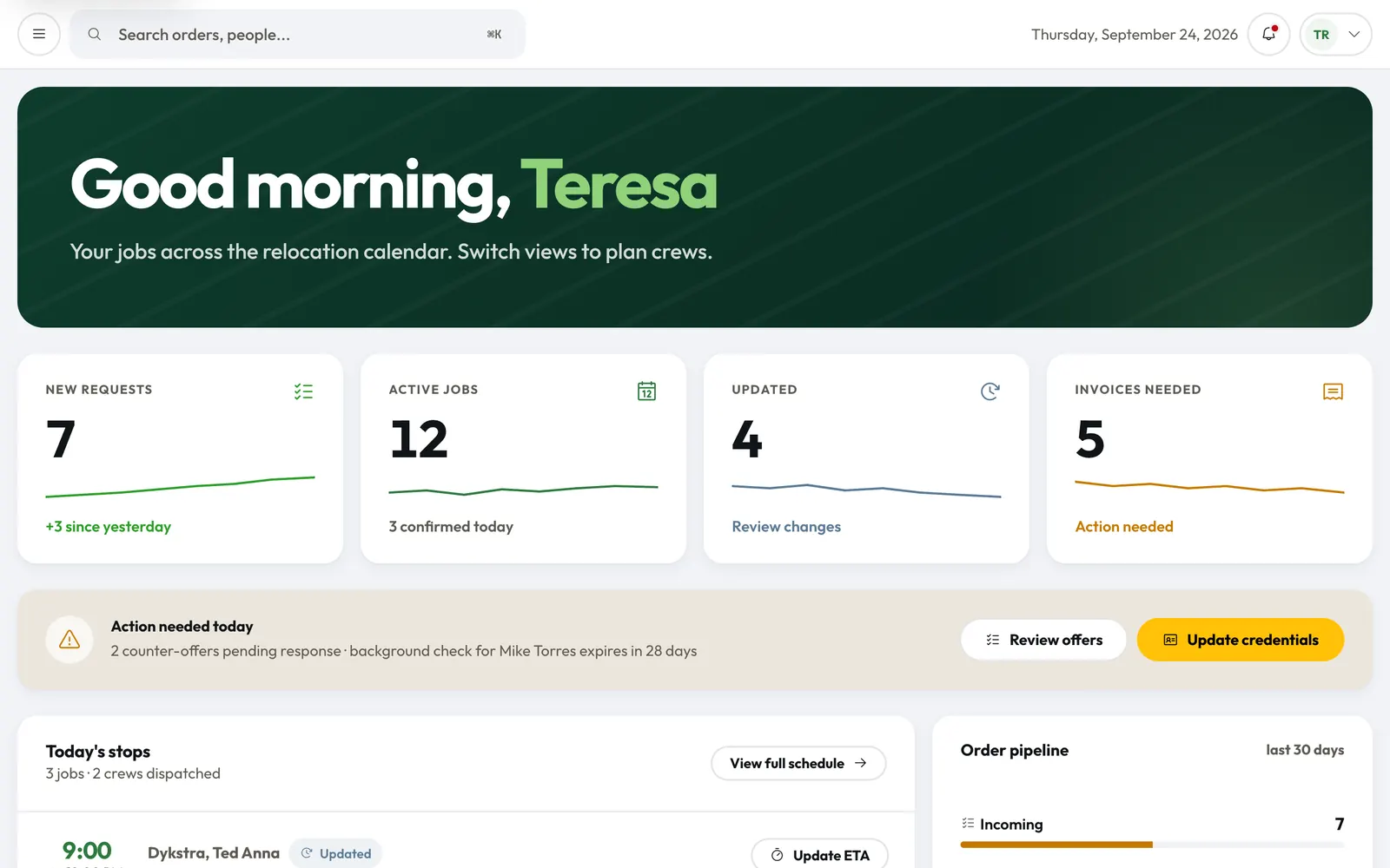 The vendor portal home: new requests, active jobs, invoices and today's stops