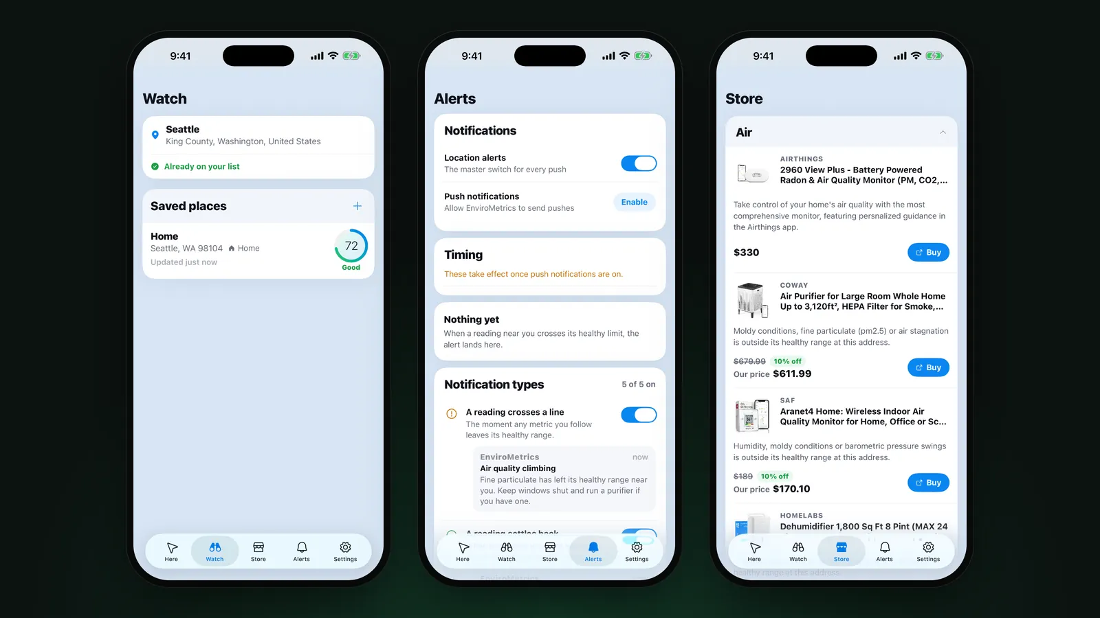 Three iPhone screens: saved places, alert settings and the product store