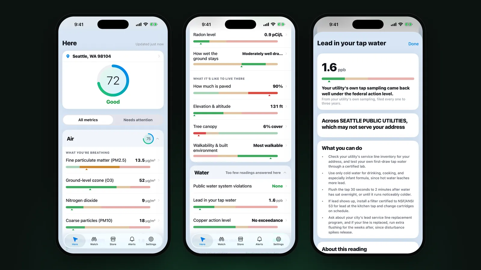 Three iPhone screens: the Here score of 72, metric groups, and lead in tap water