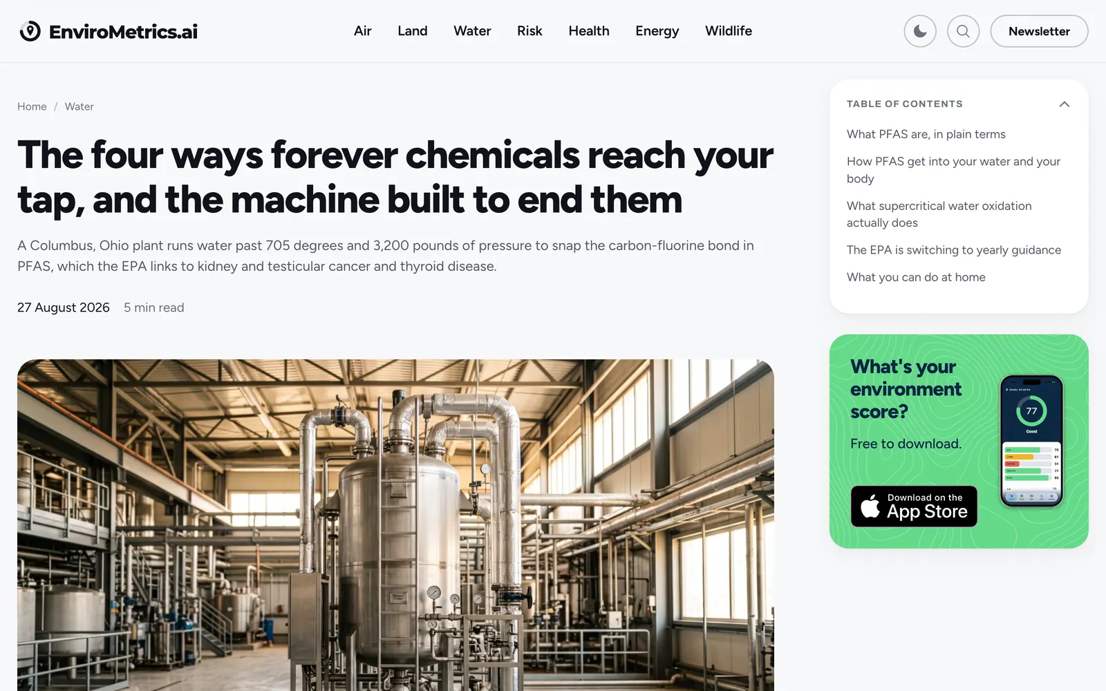 An EnviroMetrics article on forever chemicals, with a table of contents and app download card