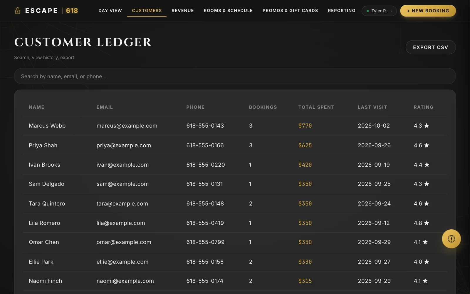 Customer ledger with bookings, total spent, last visit and rating for each customer