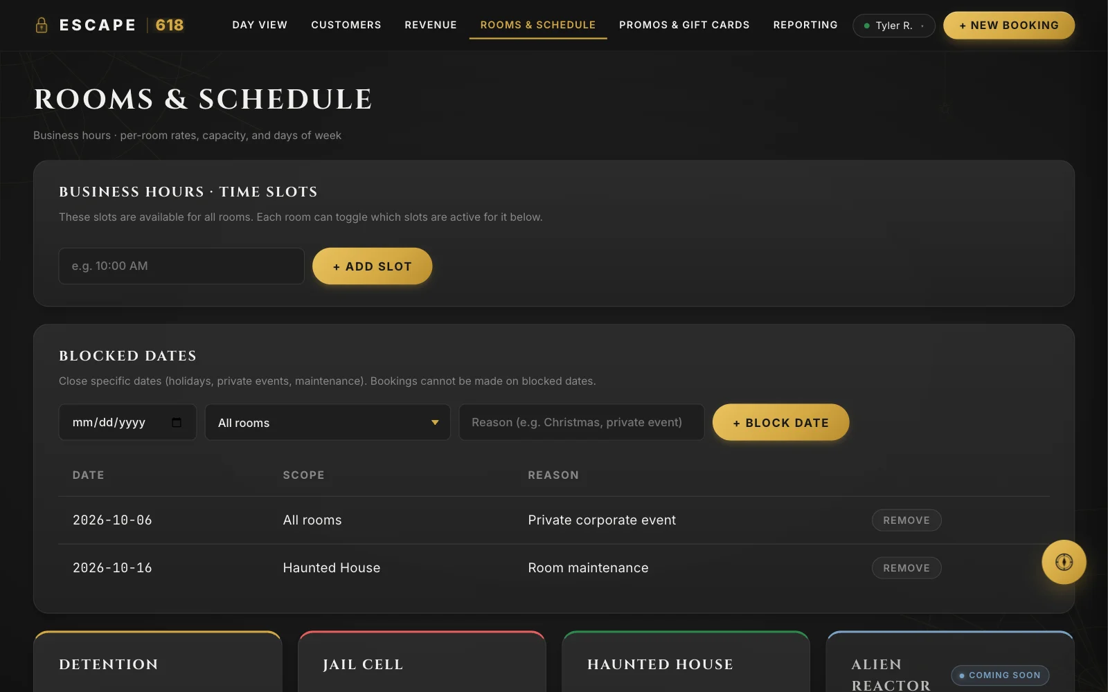 Rooms and schedule: business hours, time slots and blocked dates for each room