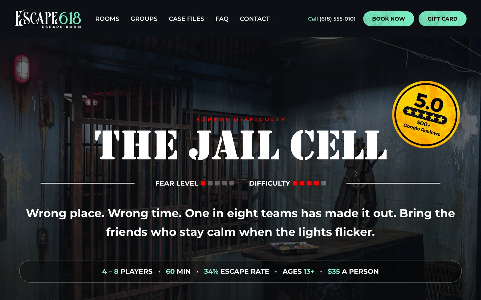 The Jail Cell room page with fear level, difficulty, players, time and price