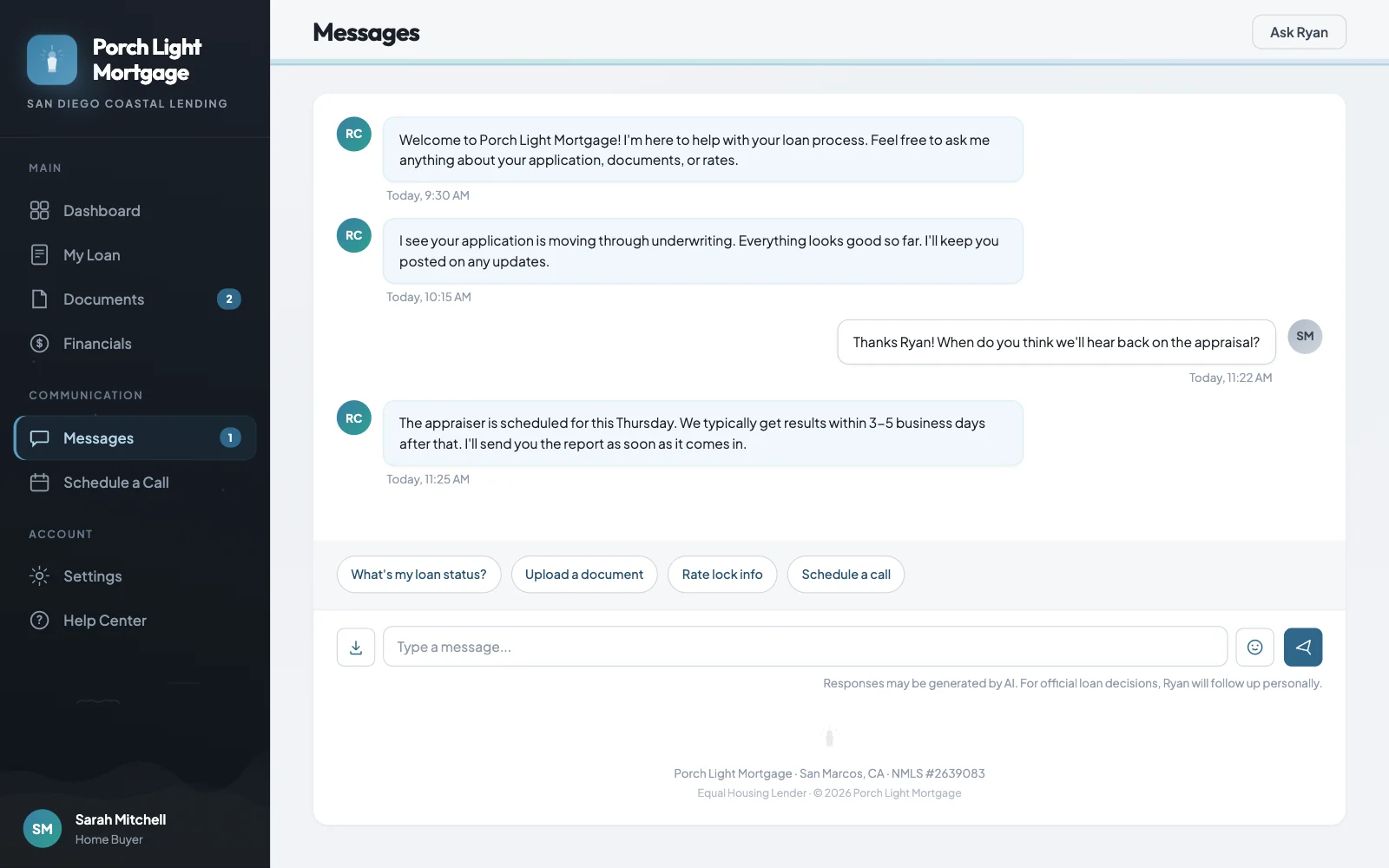 Borrower chat with the loan officer AI assistant, with quick replies for loan status, uploads and rate lock