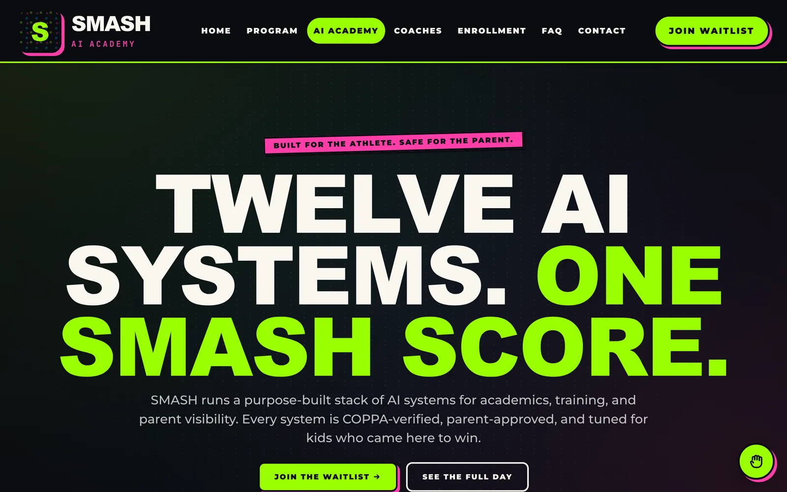 The AI Academy page: twelve AI systems and one SMASH Score
