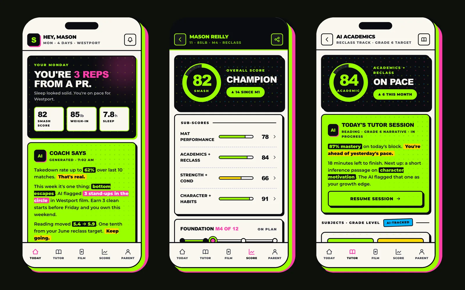 Three app screens: the athlete Today screen, the SMASH Score and the AI academics tutor