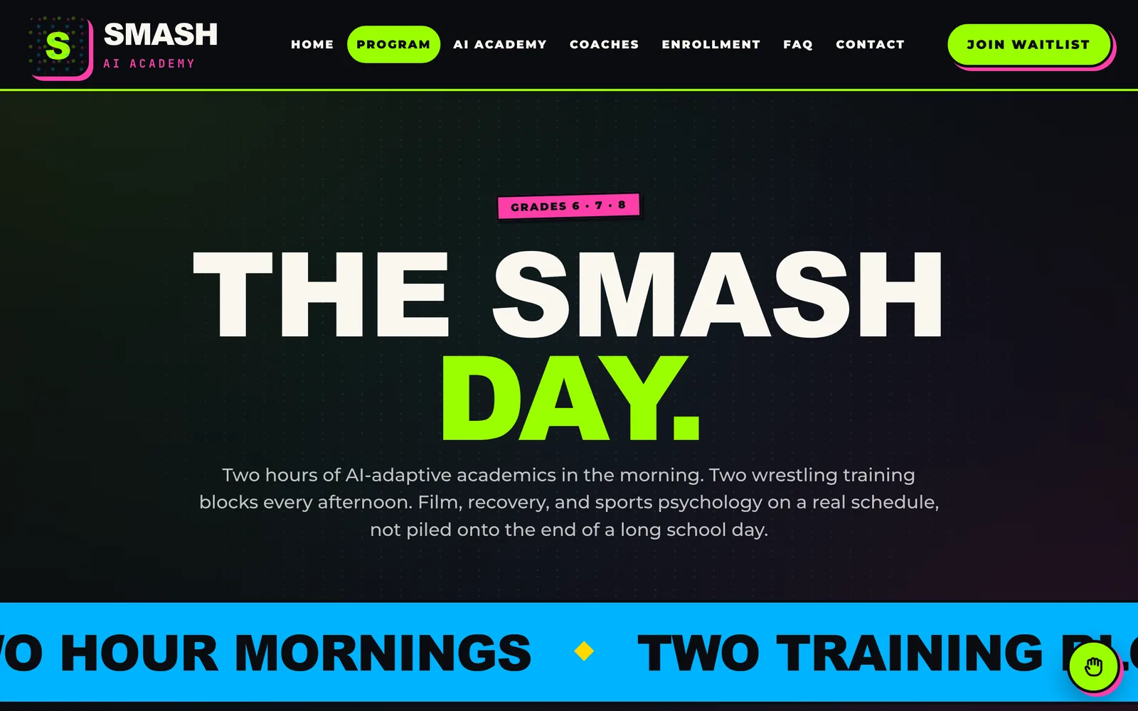 The SMASH Day program page: AI-adaptive academics in the morning, wrestling in the afternoon
