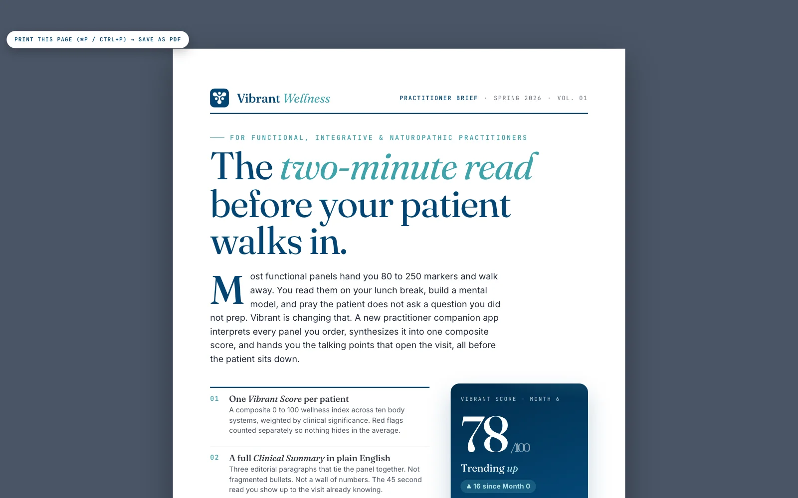 Printed practitioner brief: the two-minute read before your patient walks in