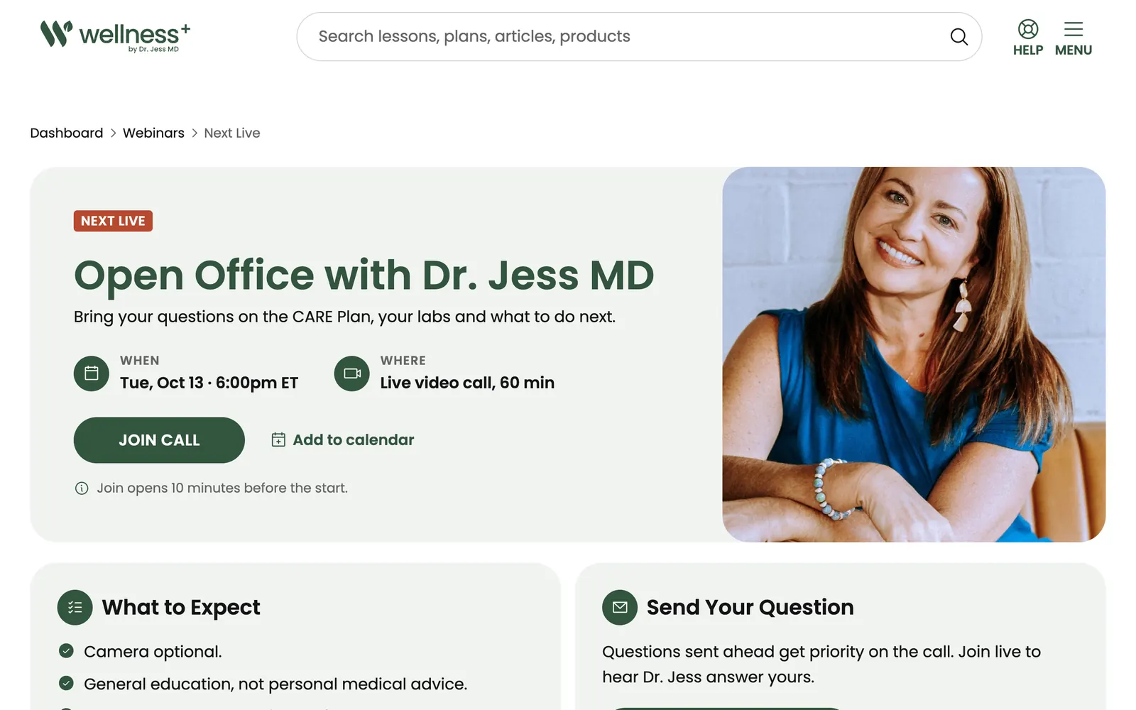 The next live open-office call with Dr. Jess, with join and calendar buttons