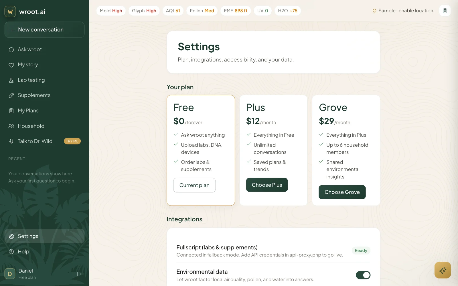 Settings with the Free, Plus and Grove plans and Fullscript and environmental data integrations